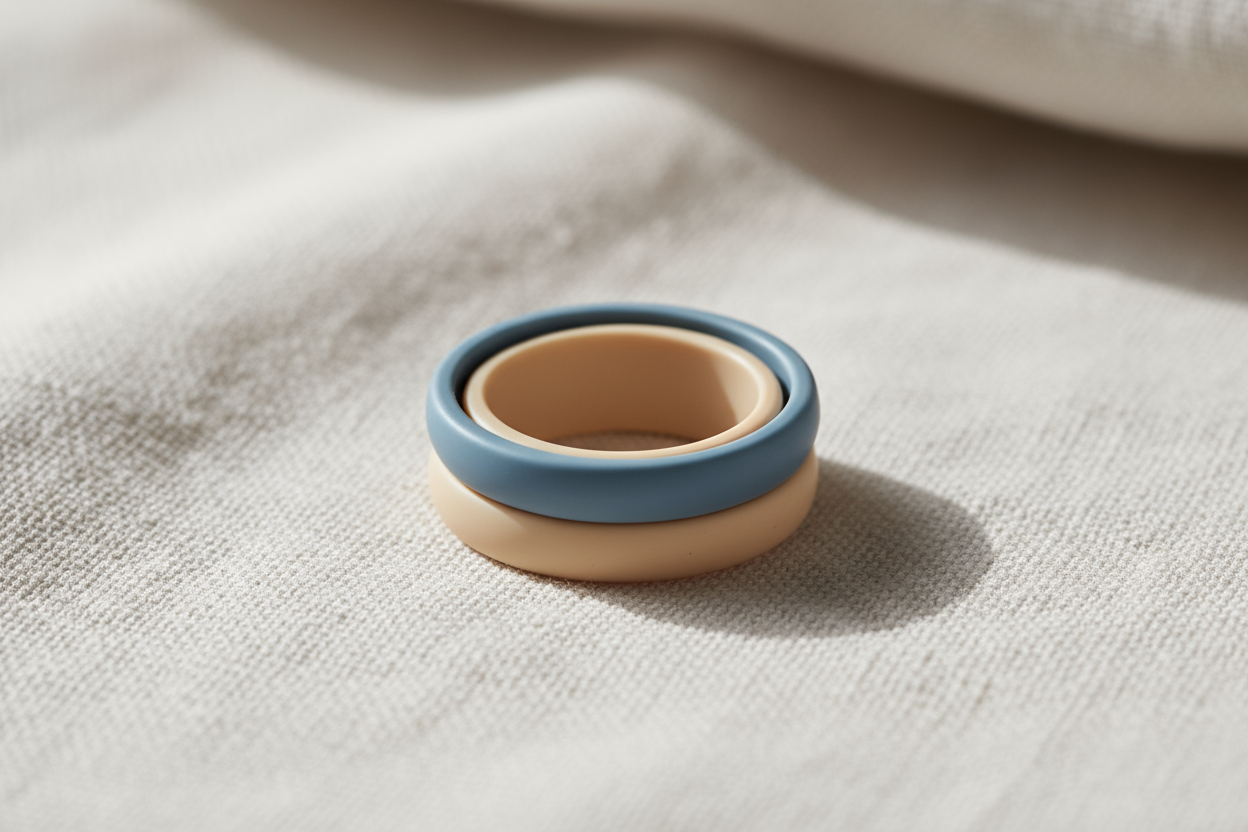 a close-up product photo of a soft silicone spinning ring in calm neutral colors (dusty blue, latte beige), placed on a linen background with natural light, minimal and premium aesthetic, macro photography