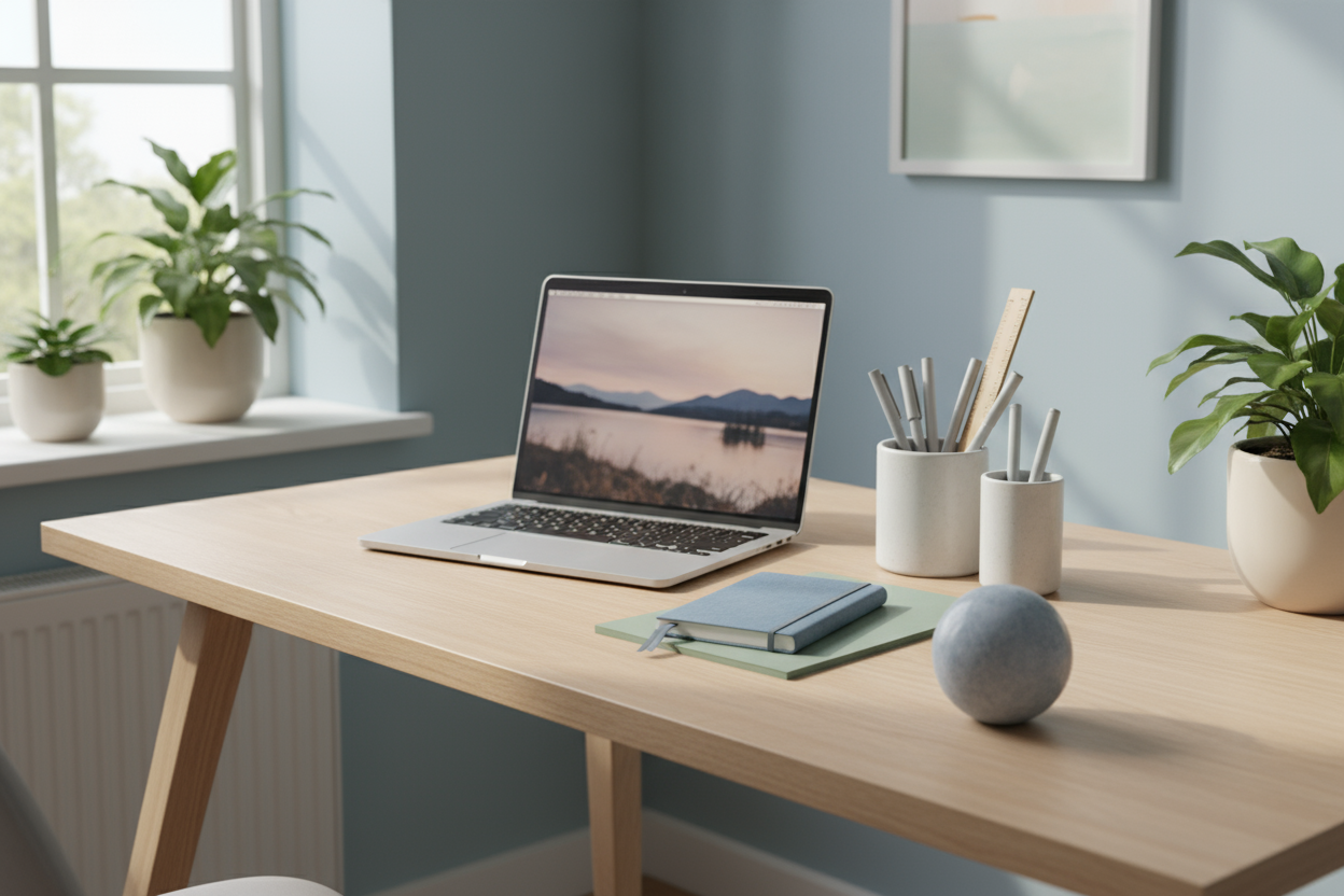 a peaceful workspace with a laptop, neutral stationery, and a small calming sensory accessory on the desk, natural light from the window, minimalist Scandinavian aesthetic, dusty blue and sage tones