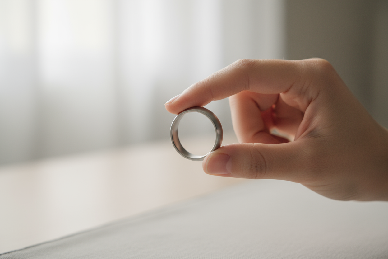 a soft-focus photo of a hand gently spinning a minimalist metal ring, natural skin tones, calm background, neutral colors, lifestyle product photography